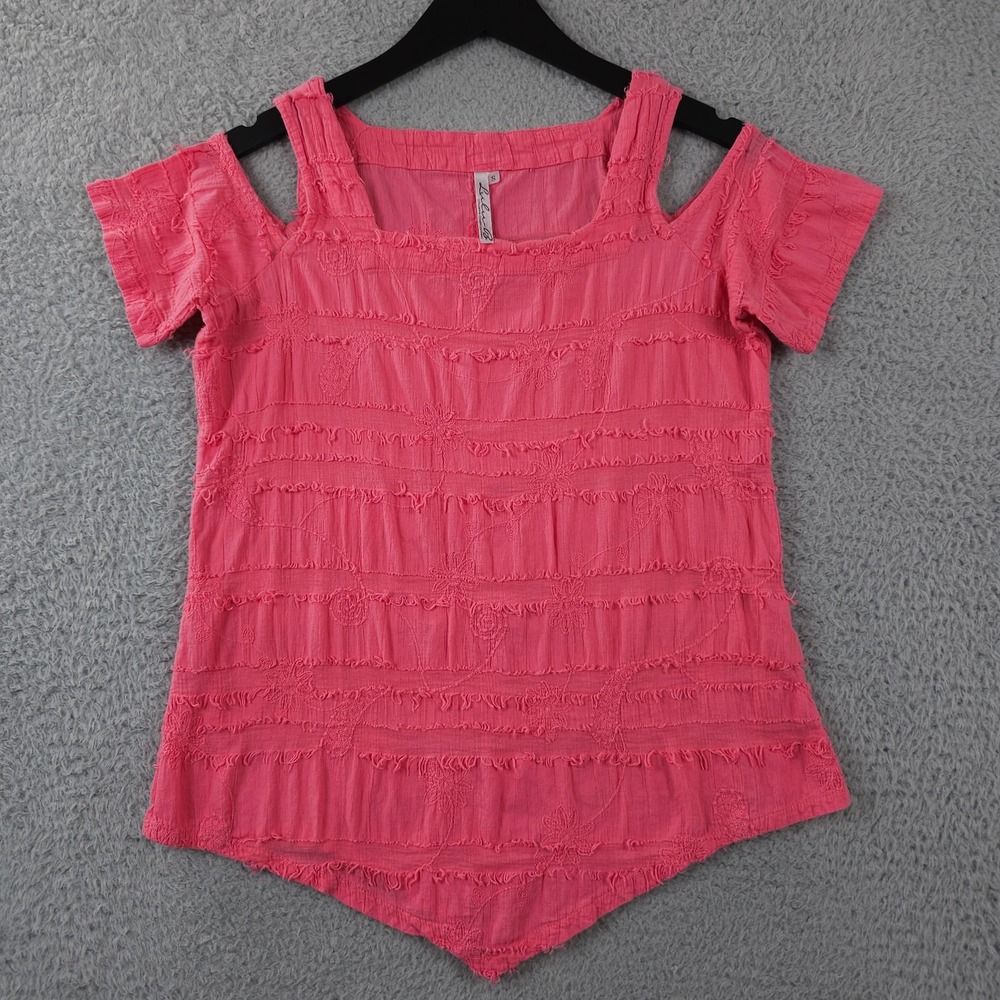 Lulu B Top Womens Small Coral Cold Shoulder Fringe Embroidered Boho Tunic Shirt